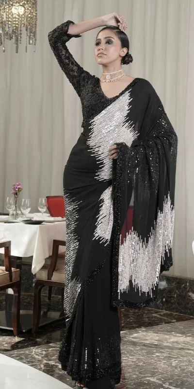 DF 3424 Black Color Georgette Heavy 5MM Sequins embroidery Work Saree Casual, Wedding, Festive, Events . Expected Delivery  4-6 Working Days @1749/- only                                                 | Sarees, Bollywood Sarees, Creative Sarees, Designer Sarees, Embroidered Sarees, Ethnic Saree, Modern Digital sarees, Party Wear Sarees
