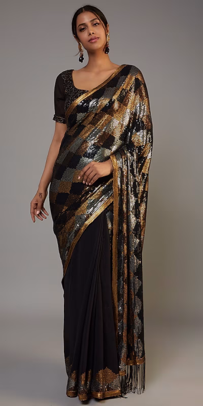 DF 3426 Black Color Georgette 5MM Sequins Embroidery Work Saree Casual, Wedding, Festive, Events . Expected Delivery  4-6 Working Days @1749/- only                                                 | Sarees, Bollywood Sarees, Creative Sarees, Designer Sarees, Embroidered Sarees, Ethnic Saree, Modern Digital sarees, Party Wear Sarees