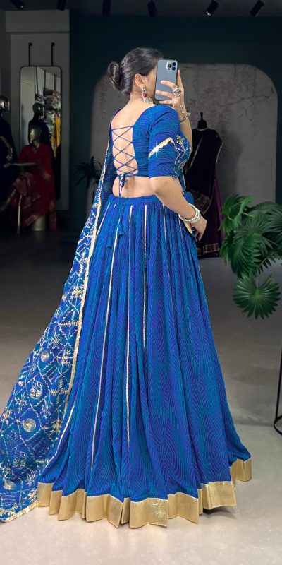 LNB 1701 Blue Color Georgette Bandhej Print And Embossed Lace Lehenga Choli Wedding, Party, Festive, Events Etc. Delivery 4-6 Working Days Rs 3999 | Lehenga, Bollywood Lehenga, Creative Lehenga, Designer Lehenga, Embroidered Lehenga, Party Wear Lehenga