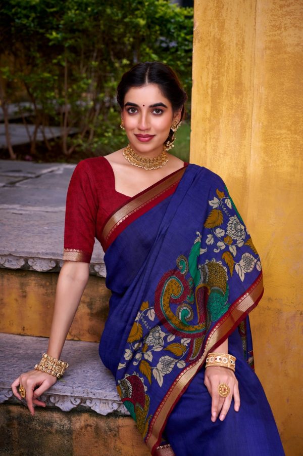 YNF 7048 Blue Color Polyester Chanderi Kalamkari Weaving Work Saree Casual, Wedding, Festive, Events . Expected Delivery  4-6 Working Days @1499/- only                                | Sarees, Bollywood Sarees, Creative Sarees, Designer Sarees, Embroidered Sarees, Ethnic Saree, Modern Digital sarees, Party Wear Sarees