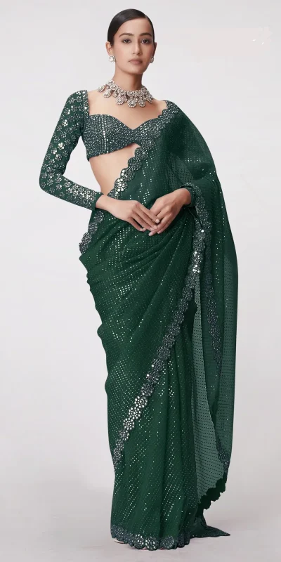 DF 3429 Bottle Green Color Faux Georgette 5mm Sequence Work Saree Casual, Wedding, Festive, Events . Expected Delivery  4-6 Working Days @2199/- only                                                 | Sarees, Bollywood Sarees, Creative Sarees, Designer Sarees, Embroidered Sarees, Ethnic Saree, Modern Digital sarees, Party Wear Sarees