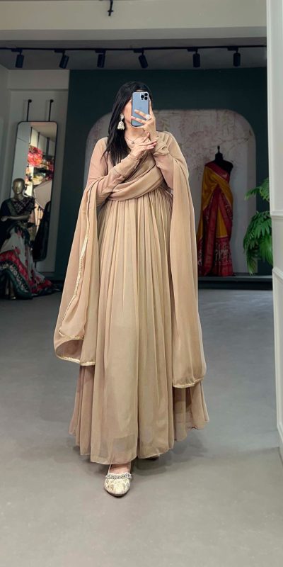 YNF 5102 Chiku Color Georgette Plain Sequins Embroidery Lace Gown Casual, Wedding, Festive, Events . Expected Delivery  4-6 Working Days @1749/- only      | Gowns, Bollywood Gowns, Creative Gowns, Designer Gowns, Embroidered Gowns, Party Wear Gowns