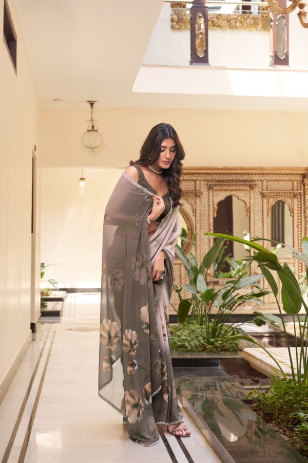 YNF 7038 Coffee Color Weightless Marbal Floral Printed Lace Border Saree Casual, Wedding, Festive, Events . Expected Delivery  4-6 Working Days @1549/- only                                                                                | Sarees, Bollywood Sarees, Creative Sarees, Designer Sarees, Embroidered Sarees, Ethnic Saree, Modern Digital sarees, Party Wear Sarees