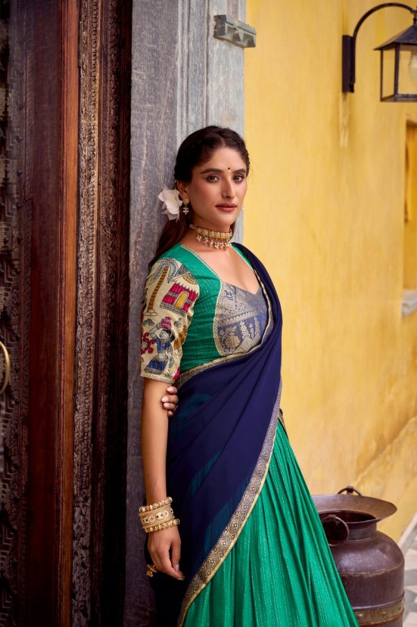 LNB 1242 Firozi Color Poly Chanderi Kalamkari Printed Zari Weaving Work Lehenga Choli Wedding, Party, Festive, Events Etc. Delivery 4-6 Working Days Rs 1899 | Lehenga, Bollywood Lehenga, Creative Lehenga, Designer Lehenga, Embroidered Lehenga, Party Wear Lehenga