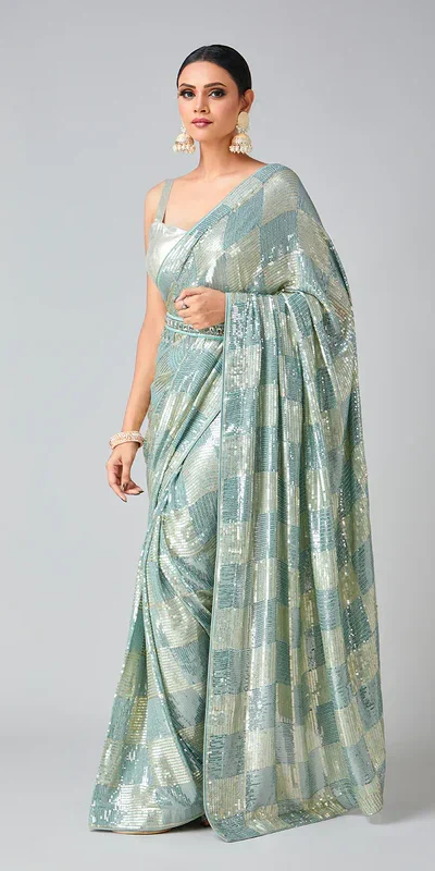 DF 3426 Firozi Color Georgette 5MM Sequins Embroidery Work Saree Casual, Wedding, Festive, Events . Expected Delivery  4-6 Working Days @1749/- only                                                 | Sarees, Bollywood Sarees, Creative Sarees, Designer Sarees, Embroidered Sarees, Ethnic Saree, Modern Digital sarees, Party Wear Sarees