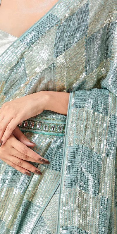 DF 3426 Firozi Color Georgette 5MM Sequins Embroidery Work Saree Casual, Wedding, Festive, Events . Expected Delivery  4-6 Working Days @1749/- only                                                 | Sarees, Bollywood Sarees, Creative Sarees, Designer Sarees, Embroidered Sarees, Ethnic Saree, Modern Digital sarees, Party Wear Sarees