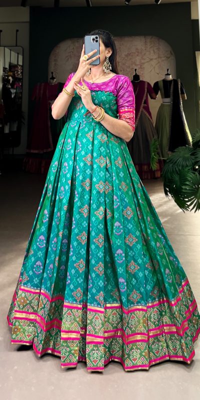 YNF 5308 Firozi Color Jacquard Silk Patola Print Zari Weaving Work Gown Casual, Wedding, Festive, Events . Expected Delivery  4-6 Working Days @2149/- only      | Gowns, Bollywood Gowns, Creative Gowns, Designer Gowns, Embroidered Gowns, Party Wear Gowns