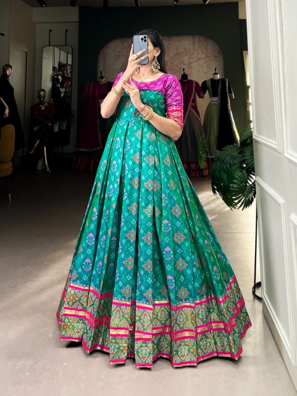 YNF 5308 Firozi Color Jacquard Silk Patola Print Zari Weaving Work Gown Casual, Wedding, Festive, Events . Expected Delivery  4-6 Working Days @2149/- only      | Gowns, Bollywood Gowns, Creative Gowns, Designer Gowns, Embroidered Gowns, Party Wear Gowns
