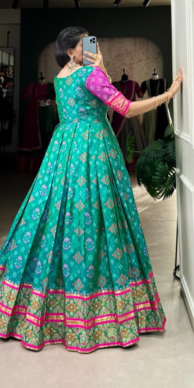 YNF 5308 Firozi Color Jacquard Silk Patola Print Zari Weaving Work Gown Casual, Wedding, Festive, Events . Expected Delivery  4-6 Working Days @2149/- only      | Gowns, Bollywood Gowns, Creative Gowns, Designer Gowns, Embroidered Gowns, Party Wear Gowns