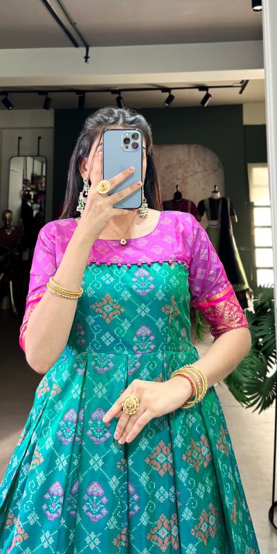 YNF 5308 Firozi Color Jacquard Silk Patola Print Zari Weaving Work Gown Casual, Wedding, Festive, Events . Expected Delivery  4-6 Working Days @2149/- only      | Gowns, Bollywood Gowns, Creative Gowns, Designer Gowns, Embroidered Gowns, Party Wear Gowns