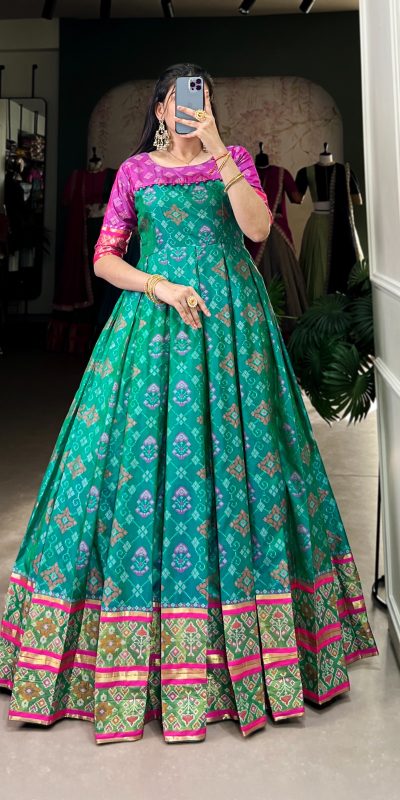 YNF 5308 Firozi Color Jacquard Silk Patola Print Zari Weaving Work Gown Casual, Wedding, Festive, Events . Expected Delivery  4-6 Working Days @2149/- only      | Gowns, Bollywood Gowns, Creative Gowns, Designer Gowns, Embroidered Gowns, Party Wear Gowns