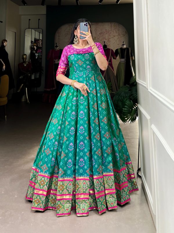 YNF 5308 Firozi Color Jacquard Silk Patola Print Zari Weaving Work Gown Casual, Wedding, Festive, Events . Expected Delivery  4-6 Working Days @2149/- only      | Gowns, Bollywood Gowns, Creative Gowns, Designer Gowns, Embroidered Gowns, Party Wear Gowns