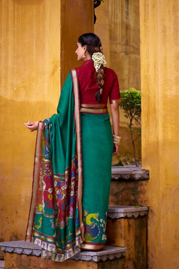 YNF 7048 Firozi Color Polyester Chanderi Kalamkari Weaving Work Saree Casual, Wedding, Festive, Events . Expected Delivery  4-6 Working Days @1499/- only                                | Sarees, Bollywood Sarees, Creative Sarees, Designer Sarees, Embroidered Sarees, Ethnic Saree, Modern Digital sarees, Party Wear Sarees