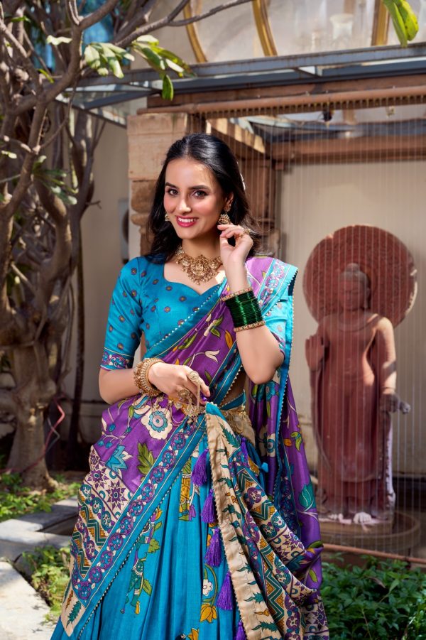 LNB 1236 Firozi Color Tasar Silk Kalamkari Print With Foil Work Lehenga Choli Wedding, Party, Festive, Events Etc. Delivery 4-6 Working Days Rs 2449 | Lehenga, Bollywood Lehenga, Creative Lehenga, Designer Lehenga, Embroidered Lehenga, Party Wear Lehenga