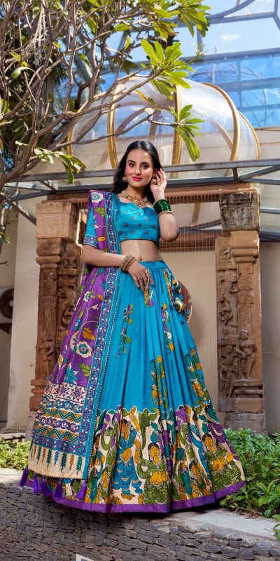 LNB 1236 Firozi Color Tasar Silk Kalamkari Print With Foil Work Lehenga Choli Wedding, Party, Festive, Events Etc. Delivery 4-6 Working Days Rs 2449 | Lehenga, Bollywood Lehenga, Creative Lehenga, Designer Lehenga, Embroidered Lehenga, Party Wear Lehenga