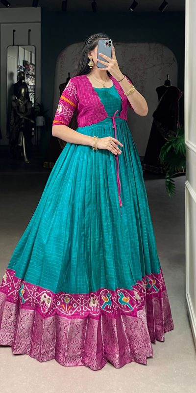 YNF 5028 Firozi Color Tasar Chex Patola With Weaving Work Border Gown Casual, Wedding, Festive, Events . Expected Delivery  4-6 Working Days @1799/- only      | Gowns, Bollywood Gowns, Creative Gowns, Designer Gowns, Embroidered Gowns, Party Wear Gowns