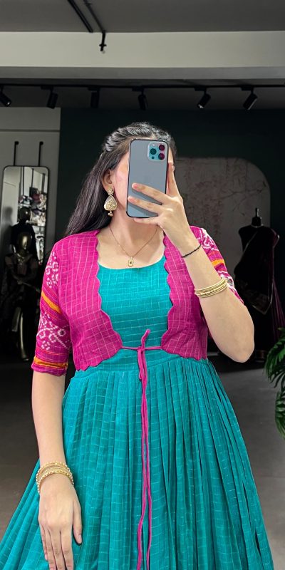 YNF 5028 Firozi Color Tasar Chex Patola With Weaving Work Border Gown Casual, Wedding, Festive, Events . Expected Delivery  4-6 Working Days @1799/- only      | Gowns, Bollywood Gowns, Creative Gowns, Designer Gowns, Embroidered Gowns, Party Wear Gowns