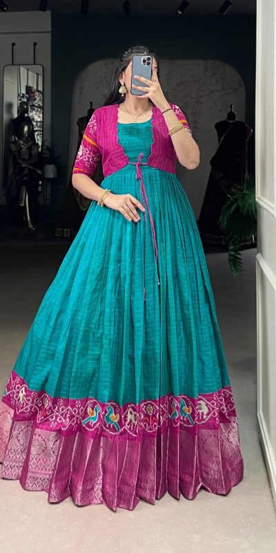 YNF 5028 Firozi Color Tasar Chex Patola With Weaving Work Border Gown Casual, Wedding, Festive, Events . Expected Delivery  4-6 Working Days @1799/- only      | Gowns, Bollywood Gowns, Creative Gowns, Designer Gowns, Embroidered Gowns, Party Wear Gowns