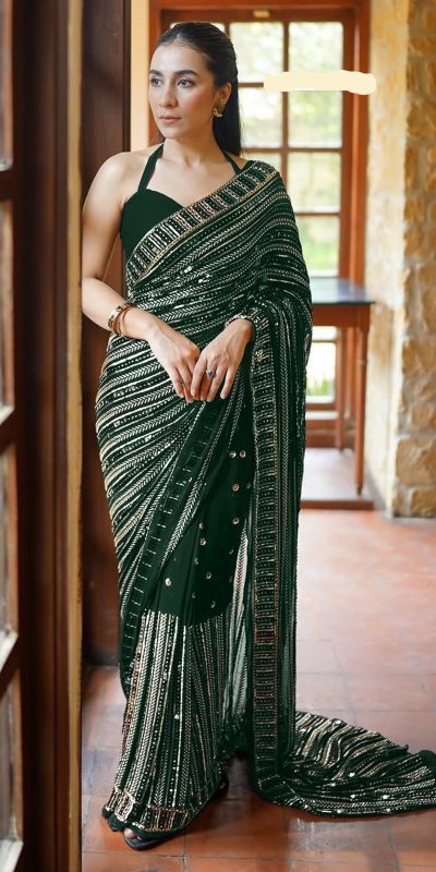 DF 3451 Green Color Faux Georgette 5mm Sequence Embroidery Work Saree Casual, Wedding, Festive, Events . Expected Delivery  4-6 Working Days @1799/- only                                                 | Sarees, Bollywood Sarees, Creative Sarees, Designer Sarees, Embroidered Sarees, Ethnic Saree, Modern Digital sarees, Party Wear Sarees