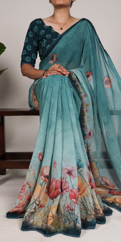 YNF 7009 Green Color Georgette Floral Print With Lace Border Saree Casual, Wedding, Festive, Events . Expected Delivery  4-6 Working Days @1299/- only                                                                                | Sarees, Bollywood Sarees, Creative Sarees, Designer Sarees, Embroidered Sarees, Ethnic Saree, Modern Digital sarees, Party Wear Sarees