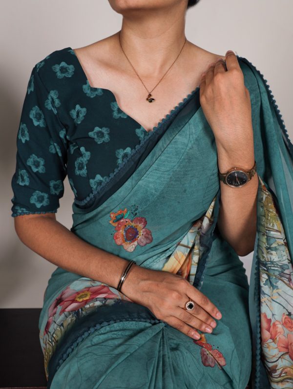 YNF 7009 Green Color Georgette Floral Print With Lace Border Saree Casual, Wedding, Festive, Events . Expected Delivery  4-6 Working Days @1299/- only                                                                                | Sarees, Bollywood Sarees, Creative Sarees, Designer Sarees, Embroidered Sarees, Ethnic Saree, Modern Digital sarees, Party Wear Sarees