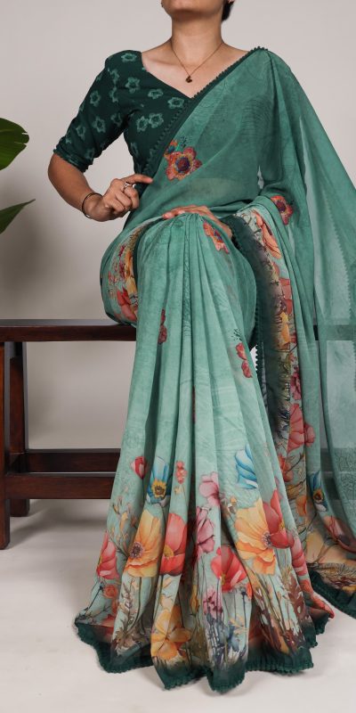YNF 7009 Green Color Georgette Floral Print With Lace Border Saree Casual, Wedding, Festive, Events . Expected Delivery  4-6 Working Days @1299/- only                                                                                | Sarees, Bollywood Sarees, Creative Sarees, Designer Sarees, Embroidered Sarees, Ethnic Saree, Modern Digital sarees, Party Wear Sarees