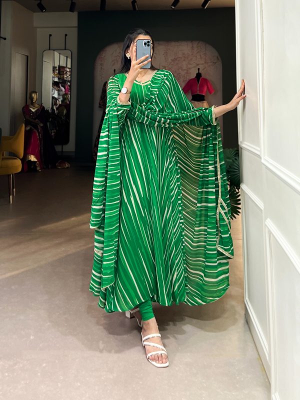 YNF 5026 Green Color Georgette Leheriya Georgette With Lace Touch Up Gown Casual, Wedding, Festive, Events . Expected Delivery  4-6 Working Days @1799/- only      | Gowns, Bollywood Gowns, Creative Gowns, Designer Gowns, Embroidered Gowns, Party Wear Gowns