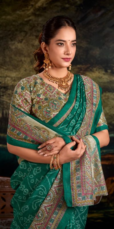 YNF 7209 Green Color Green Silk Fusion Print Madhubani Bandhej Saree Casual, Wedding, Festive, Events . Expected Delivery  4-6 Working Days @1499/- only                                                                                | Sarees, Bollywood Sarees, Creative Sarees, Designer Sarees, Embroidered Sarees, Ethnic Saree, Modern Digital sarees, Party Wear Sarees