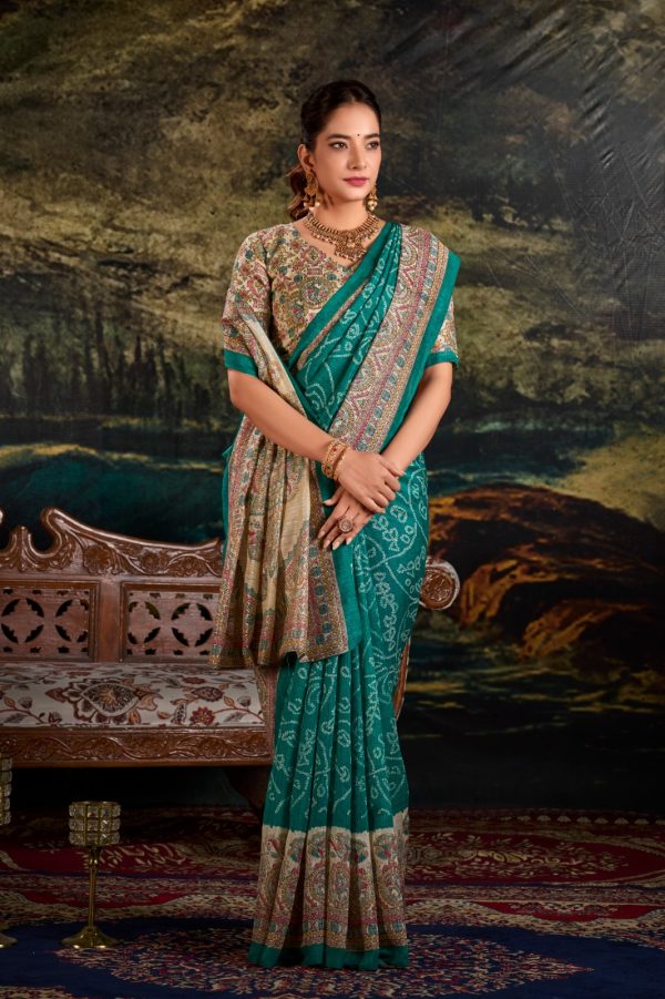 YNF 7209 Green Color Green Silk Fusion Print Madhubani Bandhej Saree Casual, Wedding, Festive, Events . Expected Delivery  4-6 Working Days @1499/- only                                                                                | Sarees, Bollywood Sarees, Creative Sarees, Designer Sarees, Embroidered Sarees, Ethnic Saree, Modern Digital sarees, Party Wear Sarees