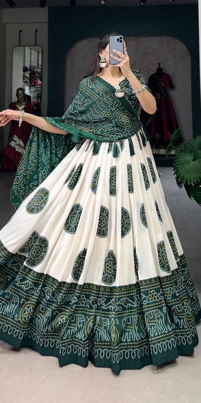 LNB 1229 Green Color Tasar Silk Bandhej Print Lehenga Choli Wedding, Party, Festive, Events Etc. Delivery 4-6 Working Days Rs 2249 | Lehenga, Bollywood Lehenga, Creative Lehenga, Designer Lehenga, Embroidered Lehenga, Party Wear Lehenga