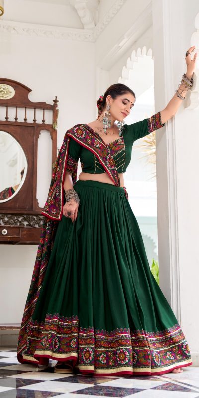 LNB 1243 Green Color Tasar Silk Gamthi Print Embossed Gotta Patti Lace Lehenga Choli Festive Party Wedding, Events etc. Delivery 4-6 Working Days @2999/- | Lehenga, Bollywood Lehenga, Creative Lehenga, Designer Lehenga, Embroidered Lehenga, Party Wear Lehenga