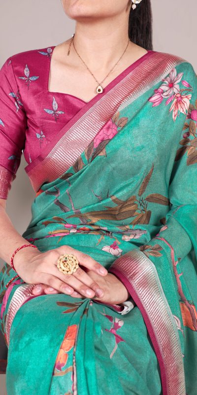 YNF 7024 Green Color Tussar Silk With Viscose Border Floral Printed Saree Casual, Wedding, Festive, Events . Expected Delivery  4-6 Working Days @1699/- only                                                                                | Sarees, Bollywood Sarees, Creative Sarees, Designer Sarees, Embroidered Sarees, Ethnic Saree, Modern Digital sarees, Party Wear Sarees