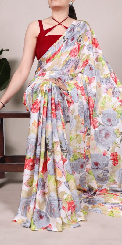 YNF 7017 Grey Color Dull Satin Floral Printed Saree Casual, Wedding, Festive, Events . Expected Delivery  4-6 Working Days @1499/- only                                                                                | Sarees, Bollywood Sarees, Creative Sarees, Designer Sarees, Embroidered Sarees, Ethnic Saree, Modern Digital sarees, Party Wear Sarees