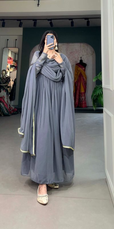 YNF 5102 Grey Color Georgette Plain Sequins Embroidery Lace Gown Casual, Wedding, Festive, Events . Expected Delivery  4-6 Working Days @1749/- only      | Gowns, Bollywood Gowns, Creative Gowns, Designer Gowns, Embroidered Gowns, Party Wear Gowns