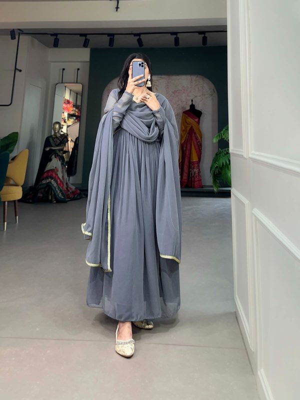 YNF 5102 Grey Color Georgette Plain Sequins Embroidery Lace Gown Casual, Wedding, Festive, Events . Expected Delivery  4-6 Working Days @1749/- only      | Gowns, Bollywood Gowns, Creative Gowns, Designer Gowns, Embroidered Gowns, Party Wear Gowns