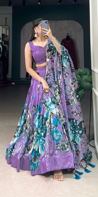 LNB 1225 Lavender Color Tasar Silk Floral Print With Lace Touch Up Lehenga Choli Wedding, Party, Festive, Events Etc. Delivery 4-6 Working Days Rs 2449 | Lehenga, Bollywood Lehenga, Creative Lehenga, Designer Lehenga, Embroidered Lehenga, Party Wear Lehenga