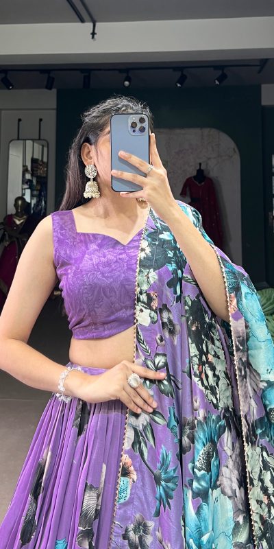 LNB 1225 Lavender Color Tasar Silk Floral Print With Lace Touch Up Lehenga Choli Wedding, Party, Festive, Events Etc. Delivery 4-6 Working Days Rs 2449 | Lehenga, Bollywood Lehenga, Creative Lehenga, Designer Lehenga, Embroidered Lehenga, Party Wear Lehenga