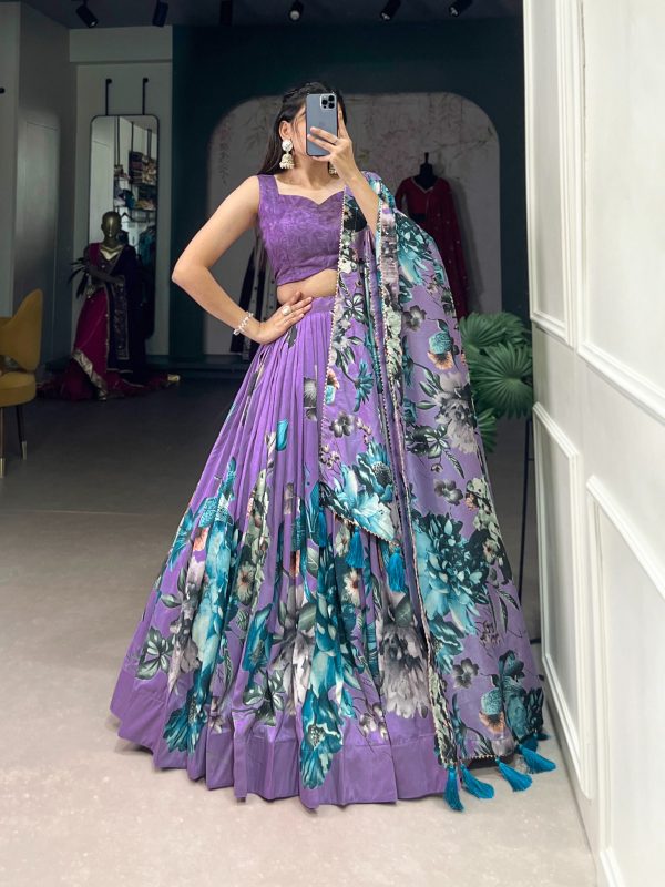 LNB 1225 Lavender Color Tasar Silk Floral Print With Lace Touch Up Lehenga Choli Wedding, Party, Festive, Events Etc. Delivery 4-6 Working Days Rs 2449 | Lehenga, Bollywood Lehenga, Creative Lehenga, Designer Lehenga, Embroidered Lehenga, Party Wear Lehenga