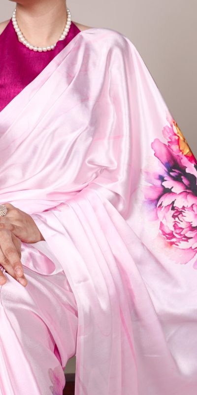 YNF 7054 Light Pink Color Satin Silk Floral Printed Saree Casual, Wedding, Festive, Events . Expected Delivery  4-6 Working Days @1549/- only                                                                                | Sarees, Bollywood Sarees, Creative Sarees, Designer Sarees, Embroidered Sarees, Ethnic Saree, Modern Digital sarees, Party Wear Sarees