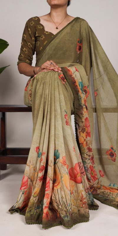 YNF 7009 Mahendi Color Georgette Floral Print With Lace Border Saree Casual, Wedding, Festive, Events . Expected Delivery  4-6 Working Days @1299/- only                                                                                | Sarees, Bollywood Sarees, Creative Sarees, Designer Sarees, Embroidered Sarees, Ethnic Saree, Modern Digital sarees, Party Wear Sarees