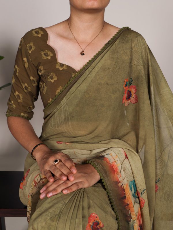 YNF 7009 Mahendi Color Georgette Floral Print With Lace Border Saree Casual, Wedding, Festive, Events . Expected Delivery  4-6 Working Days @1299/- only                                                                                | Sarees, Bollywood Sarees, Creative Sarees, Designer Sarees, Embroidered Sarees, Ethnic Saree, Modern Digital sarees, Party Wear Sarees