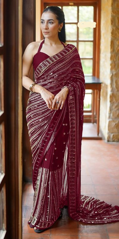 DF 3451 Maroon Color Faux Georgette 5mm Sequence Embroidery Work Saree Casual, Wedding, Festive, Events . Expected Delivery  4-6 Working Days @1799/- only                                                 | Sarees, Bollywood Sarees, Creative Sarees, Designer Sarees, Embroidered Sarees, Ethnic Saree, Modern Digital sarees, Party Wear Sarees