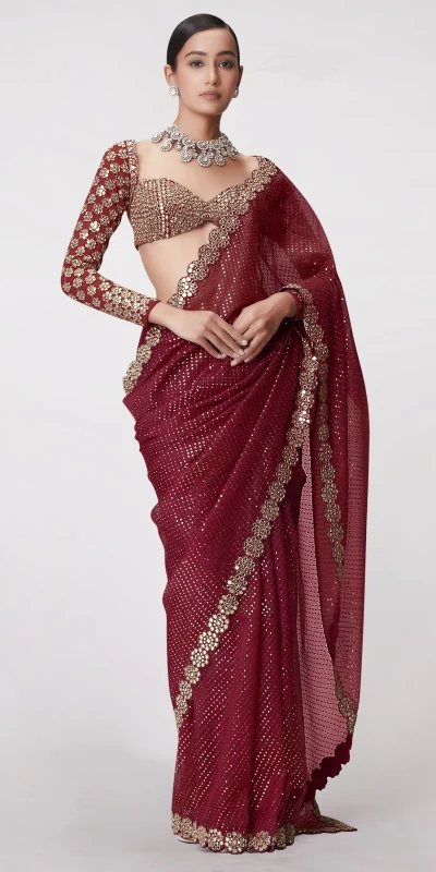 DF 3429 Maroon Color Faux Georgette 5mm Sequence Work Saree Casual, Wedding, Festive, Events . Expected Delivery  4-6 Working Days @2199/- only                                                 | Sarees, Bollywood Sarees, Creative Sarees, Designer Sarees, Embroidered Sarees, Ethnic Saree, Modern Digital sarees, Party Wear Sarees