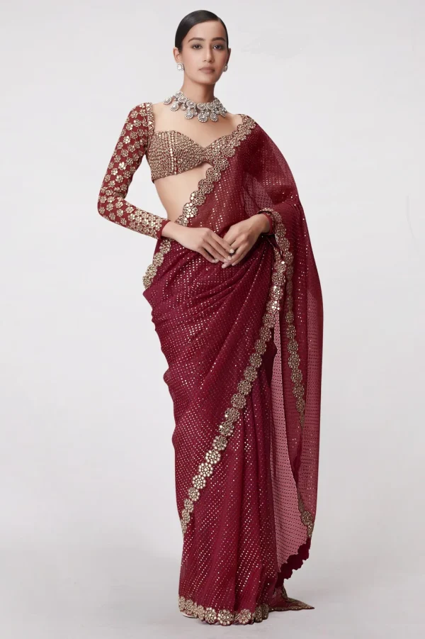 DF 3429 Maroon Color Faux Georgette 5mm Sequence Work Saree Casual, Wedding, Festive, Events . Expected Delivery  4-6 Working Days @2199/- only                                                 | Sarees, Bollywood Sarees, Creative Sarees, Designer Sarees, Embroidered Sarees, Ethnic Saree, Modern Digital sarees, Party Wear Sarees