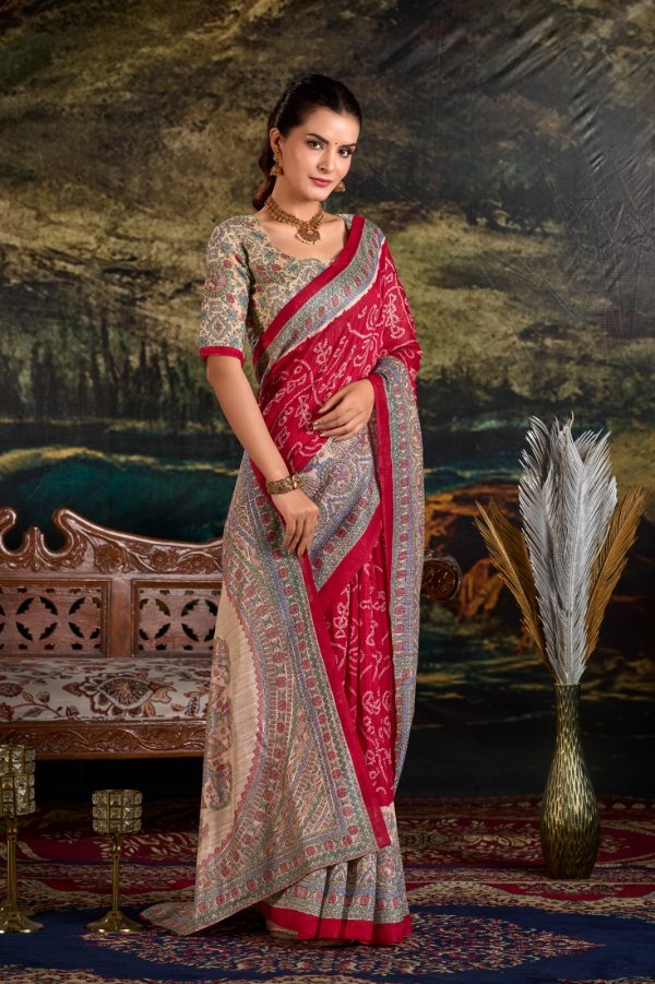 YNF 7209 Maroon Color Green Silk Fusion Print Madhubani Bandhej Saree Casual, Wedding, Festive, Events . Expected Delivery  4-6 Working Days @1499/- only                                                                                | Sarees, Bollywood Sarees, Creative Sarees, Designer Sarees, Embroidered Sarees, Ethnic Saree, Modern Digital sarees, Party Wear Sarees