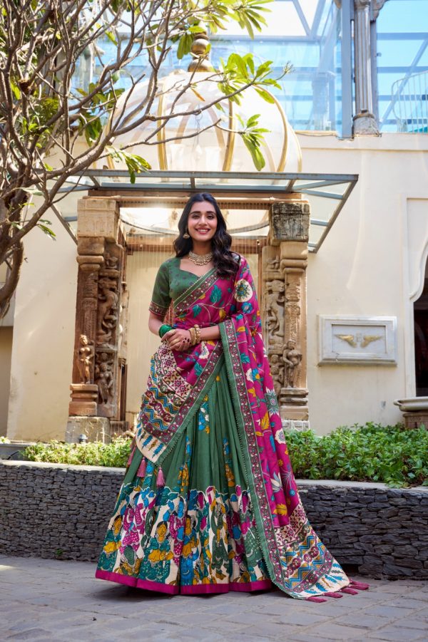 LNB 1236 Mehendi Color Tasar Silk Kalamkari Print With Foil Work Lehenga Choli Wedding, Party, Festive, Events Etc. Delivery 4-6 Working Days Rs 2449 | Lehenga, Bollywood Lehenga, Creative Lehenga, Designer Lehenga, Embroidered Lehenga, Party Wear Lehenga