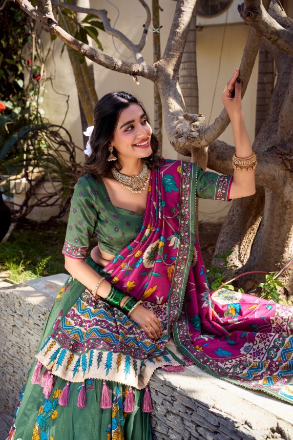 LNB 1236 Mehendi Color Tasar Silk Kalamkari Print With Foil Work Lehenga Choli Wedding, Party, Festive, Events Etc. Delivery 4-6 Working Days Rs 2449 | Lehenga, Bollywood Lehenga, Creative Lehenga, Designer Lehenga, Embroidered Lehenga, Party Wear Lehenga
