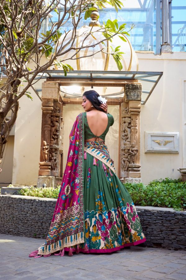 LNB 1236 Mehendi Color Tasar Silk Kalamkari Print With Foil Work Lehenga Choli Wedding, Party, Festive, Events Etc. Delivery 4-6 Working Days Rs 2449 | Lehenga, Bollywood Lehenga, Creative Lehenga, Designer Lehenga, Embroidered Lehenga, Party Wear Lehenga
