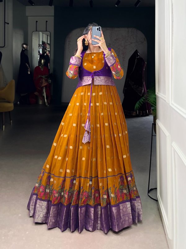 YNF 5031 Mustard Color Poly Cotton Kalamkari Print Zari Weaving Work Gown Casual, Wedding, Festive, Events . Expected Delivery  4-6 Working Days @1999/- only      | Gowns, Bollywood Gowns, Creative Gowns, Designer Gowns, Embroidered Gowns, Party Wear Gowns
