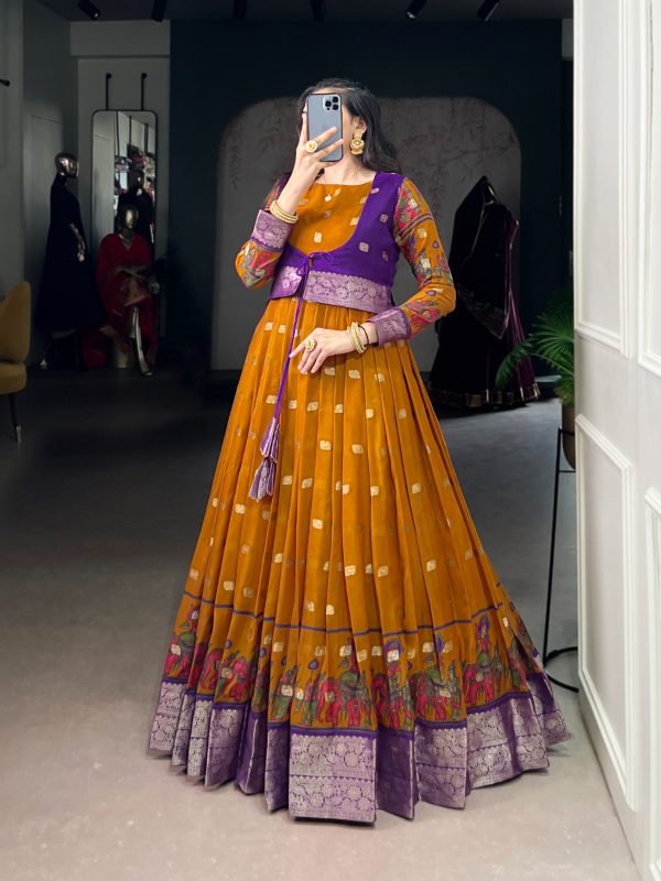 YNF 5031 Mustard Color Poly Cotton Kalamkari Print Zari Weaving Work Gown Casual, Wedding, Festive, Events . Expected Delivery  4-6 Working Days @1999/- only      | Gowns, Bollywood Gowns, Creative Gowns, Designer Gowns, Embroidered Gowns, Party Wear Gowns